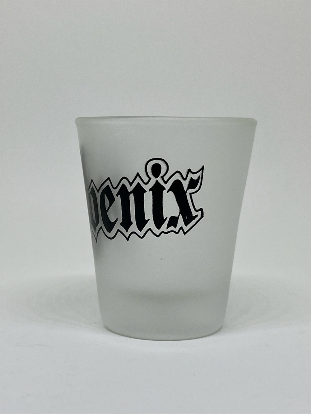Frosted White Glass Tumbler with Black Script Phoenix Logo - Picture 3 of 3
